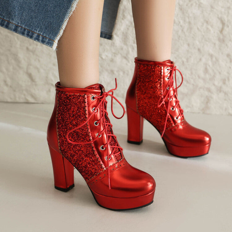 Autumn Winter Lace-Up Sequin Boots – Thick Heel Fashion Infinite Avenue