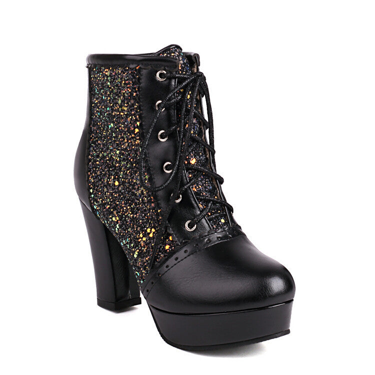 Autumn Winter Lace-Up Sequin Boots – Thick Heel Fashion Black Infinite Avenue