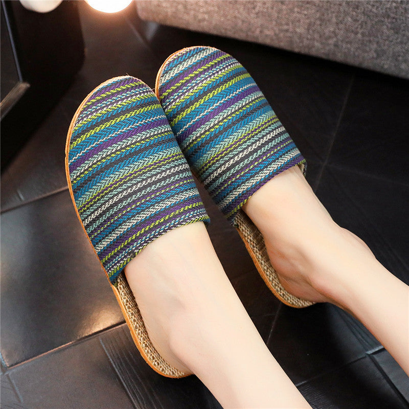 Cute Printed Linen Home Slippers – Fashion & Comfort Striped Toe Cap Blue Infinite Avenue