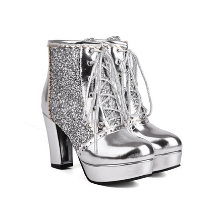 Autumn Winter Lace-Up Sequin Boots – Thick Heel Fashion Infinite Avenue