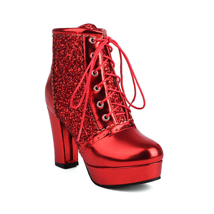 Autumn Winter Lace-Up Sequin Boots – Thick Heel Fashion Red Infinite Avenue