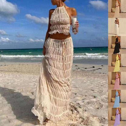 2pcs Women's Dress Suit Sexy Sleeveless Backless Cropped Halter Top And Pleated Long Skirt Beach Clothing Infinite Avenue