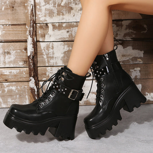 Fashion Round Toe Mid Heel Platform Leather Boots with Side Zipper Infinite Avenue