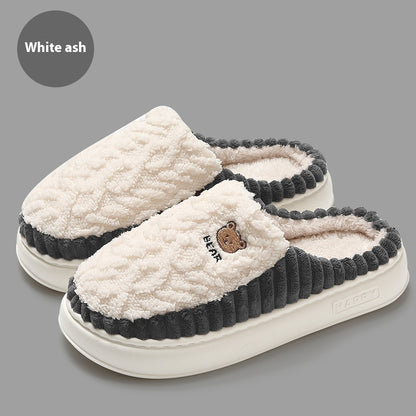 Cute Bear Plush Slippers Winter Warm Fleece Shoes Indoor Bedroom Floor Home Slippers For Women Men Couple White Ash Infinite Avenue