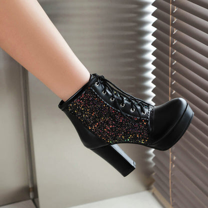 Autumn Winter Lace-Up Sequin Boots – Thick Heel Fashion Infinite Avenue