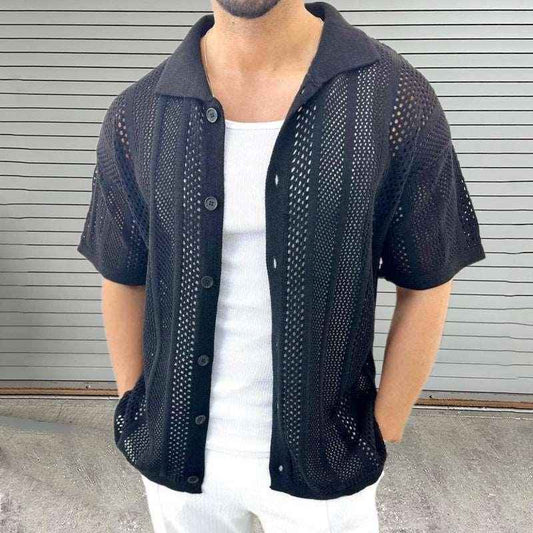 Men's Short Sleeve Cardigan Thin Sweater Lapel Hollow Design - Infinite Avenue
