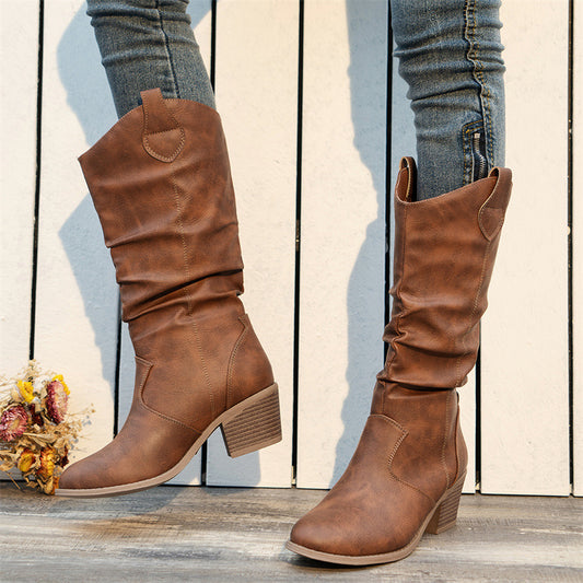 Fashion Round Toe High Heel Boots for Women Light Brown Infinite Avenue