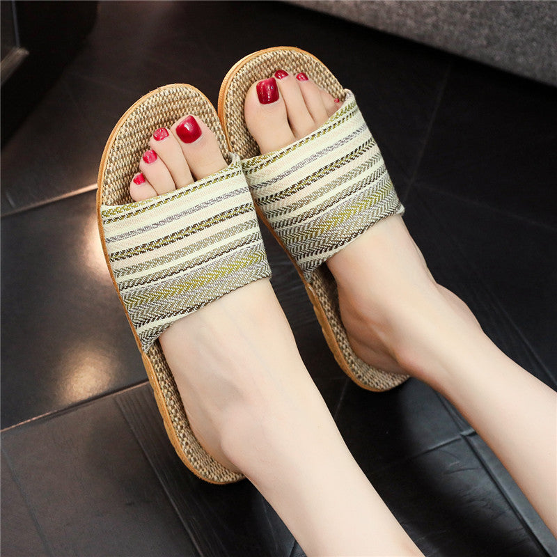 Cute Printed Linen Home Slippers – Fashion & Comfort Striped Head Beige Infinite Avenue