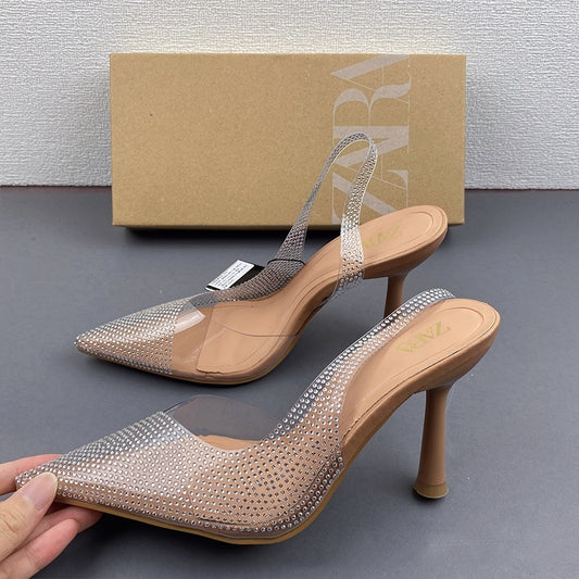 Women's Natural Color Rhinestone Pointed Toe Low-Cut High Heels Infinite Avenue